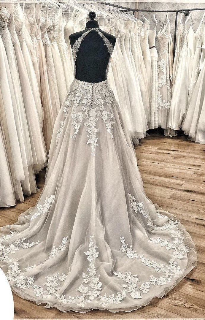 Bmbride Elegant A-line Halter Backless Wedding Dress with Appliques Lace Tulle Ruffles Train