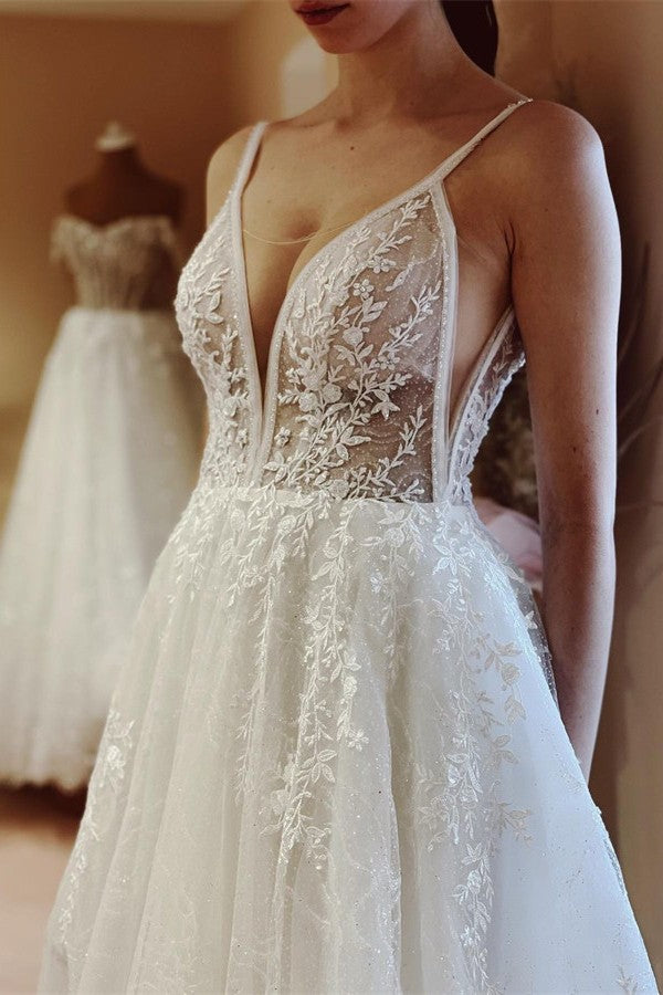 Bmbride White Boho Long A-line V-neck Tulle Lace Backless Wedding Dresses