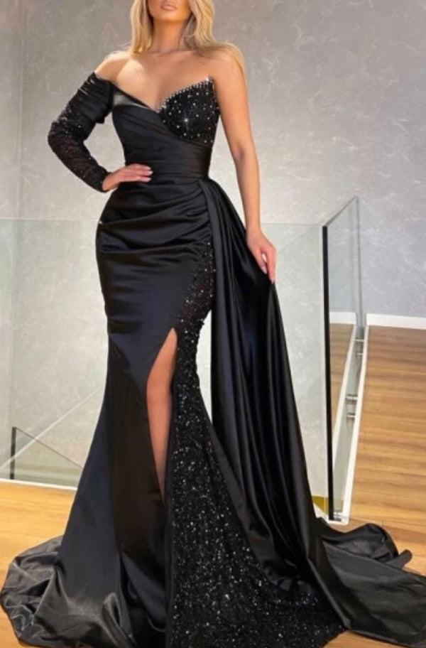 One Shoulder Long Sleeve Split Mermaid Prom Dress - Black with Sequins