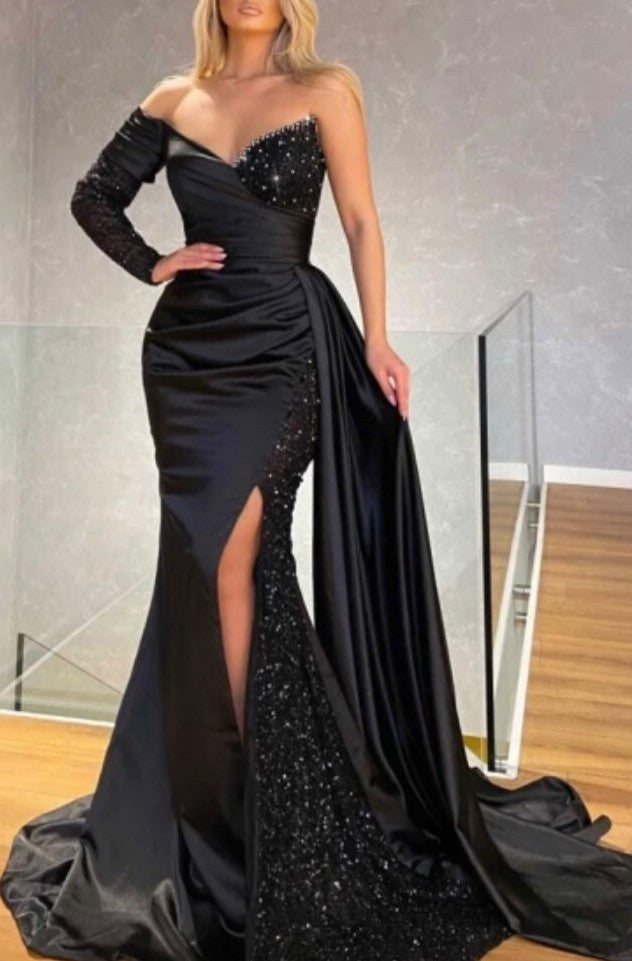 One Shoulder Long Sleeve Split Mermaid Prom Dress - Black with Sequins