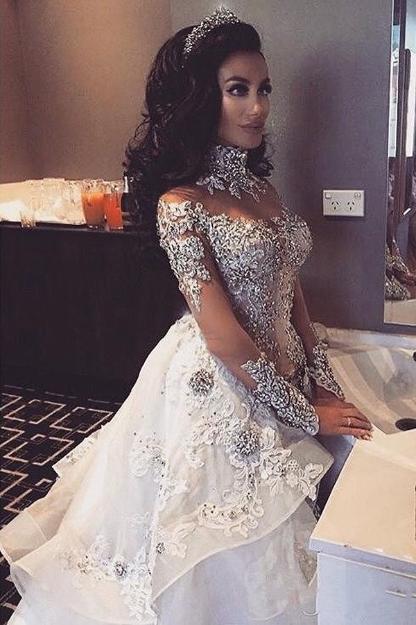Bmbride Elegant Long Sleeves Tulle High Neck Appliques Wedding Dresses with Removable Overskirt
