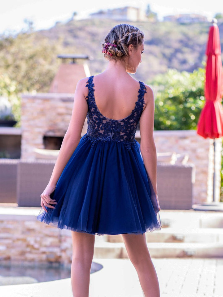 Koscy Deep V-neck Lace Tulle Mini Length Homecoming Dress