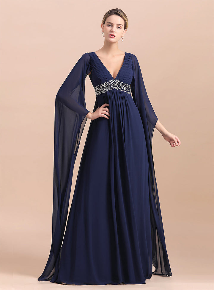 Deep V-Neck Long Sleeves Chiffon Floor-Length Dress-koscy