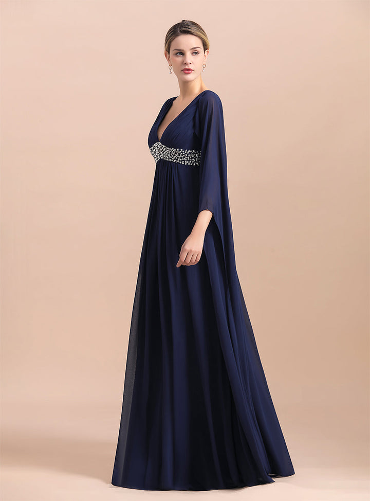 Deep V-Neck Long Sleeves Chiffon Floor-Length Dress-koscy
