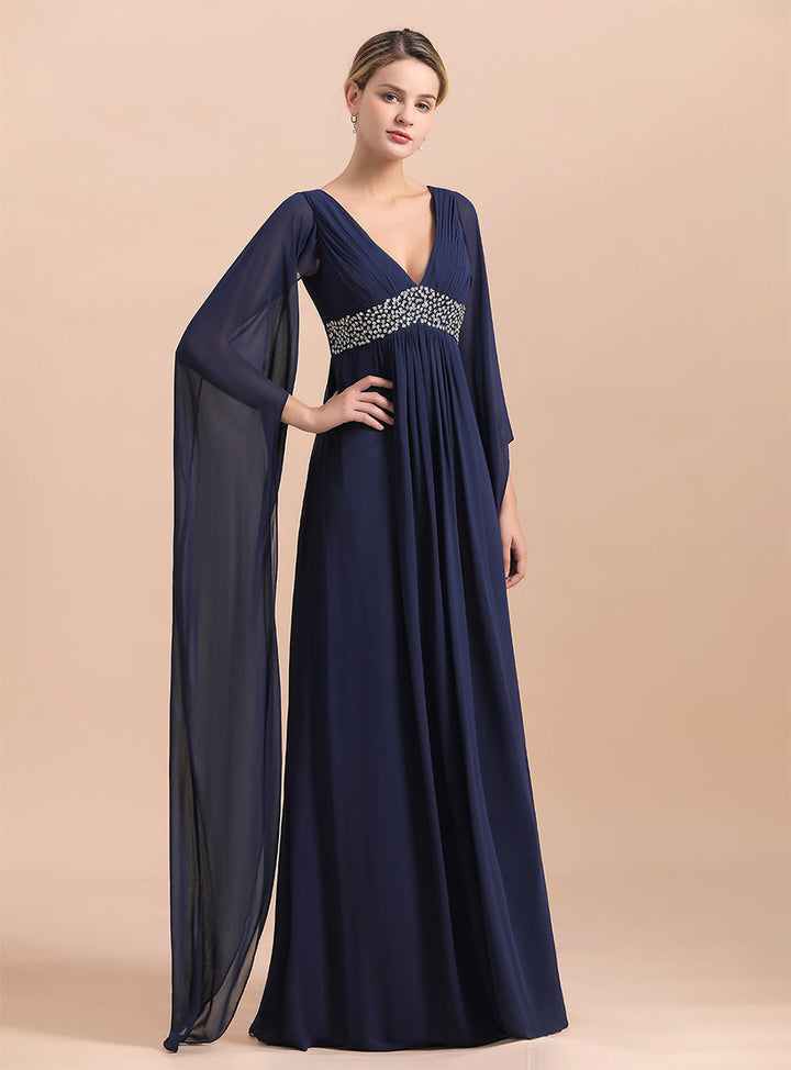 Deep V-Neck Long Sleeves Chiffon Floor-Length Dress-koscy
