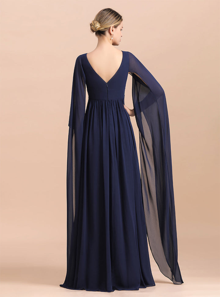 Deep V-Neck Long Sleeves Chiffon Floor-Length Dress-koscy