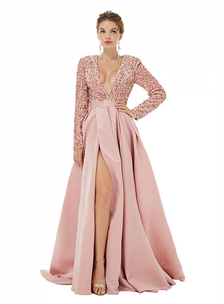 Deep V-Neck Long Sleeves Slit Floor-Length Dress-koscy