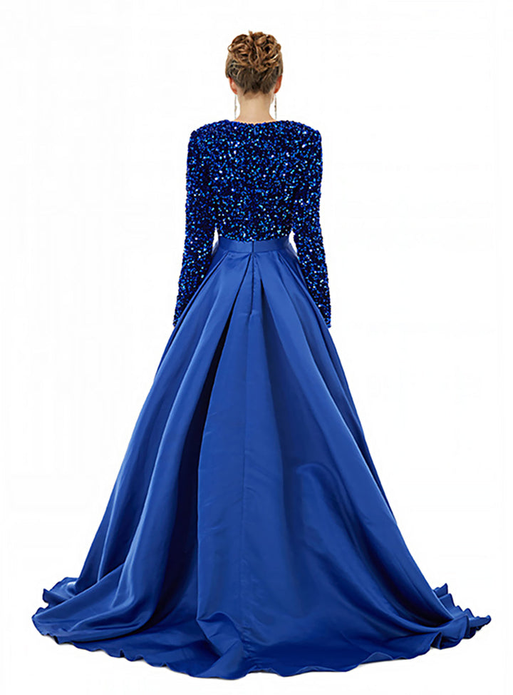 Deep V-Neck Long Sleeves Slit Floor-Length Dress-koscy