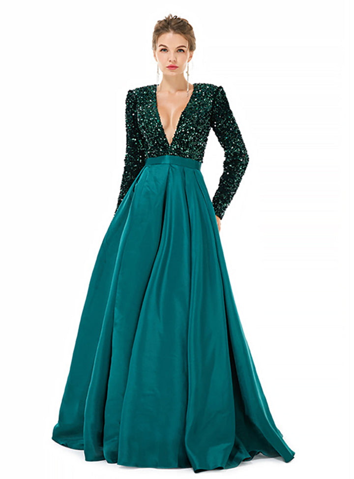 Deep V-Neck Long Sleeves Slit Floor-Length Dress-koscy