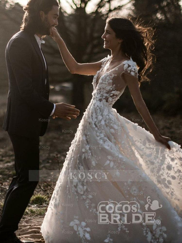 Deep V-Neck Short Sleeve Backless A-Line Wedding Gown