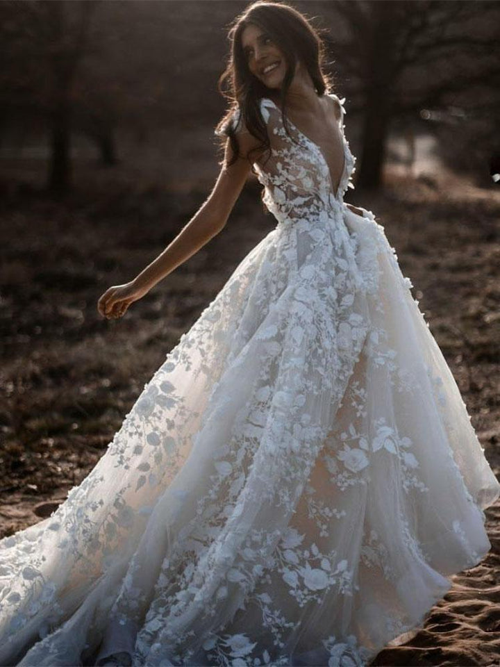 Deep V-Neck Short Sleeve Backless A-Line Wedding Gown Deep V-Neck Short Sleeve Backless A-Line Wedding Gown