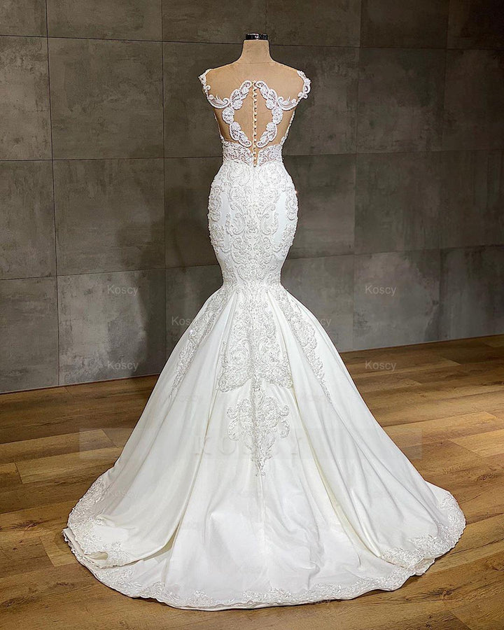 Delicate Transparent Lace V-neck Sleeveless Mermaid Wedding Gown