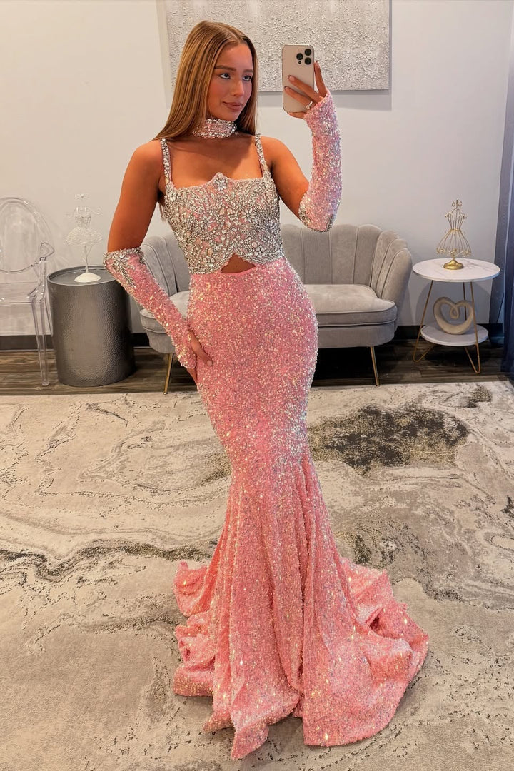 Designer Long Pink Mermaid Sequined Prom Dress with Gloves Designer Long Pink Mermaid Sequined Prom Dress with Gloves