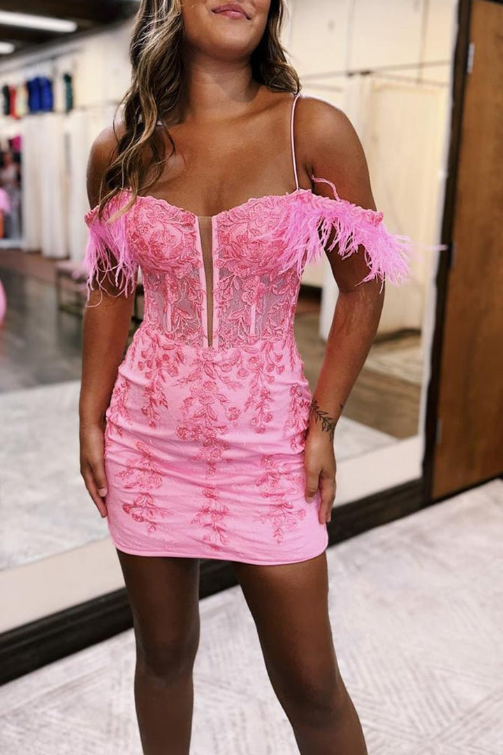 Koscy Detachable Off-the-Shoulder Feathers Appliques Sexy Fitted Homecoming Dress