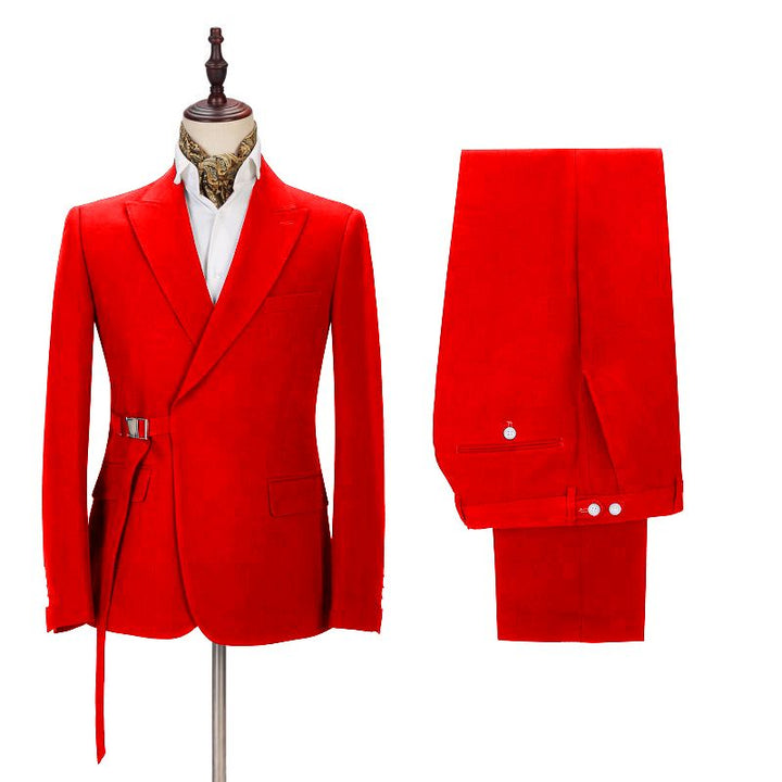 Koscy Popular Slim Fit Bright Red Peak Lapel Summer Wedding Suit with Buckle Button