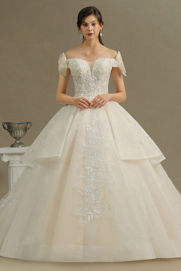 Bmbride Elegant Off-the-Shoulder Tulle Lace Ball Gown Luxury Wedding Dresses