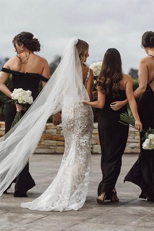 Bmbride Mermaid Spaghetti Straps Lace V-neck Jewel Wedding Dress