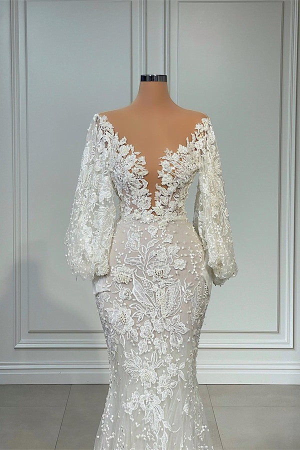 Bmbride Long Mermaid V-neck Tulle Lace Wedding Dress with Sleeves