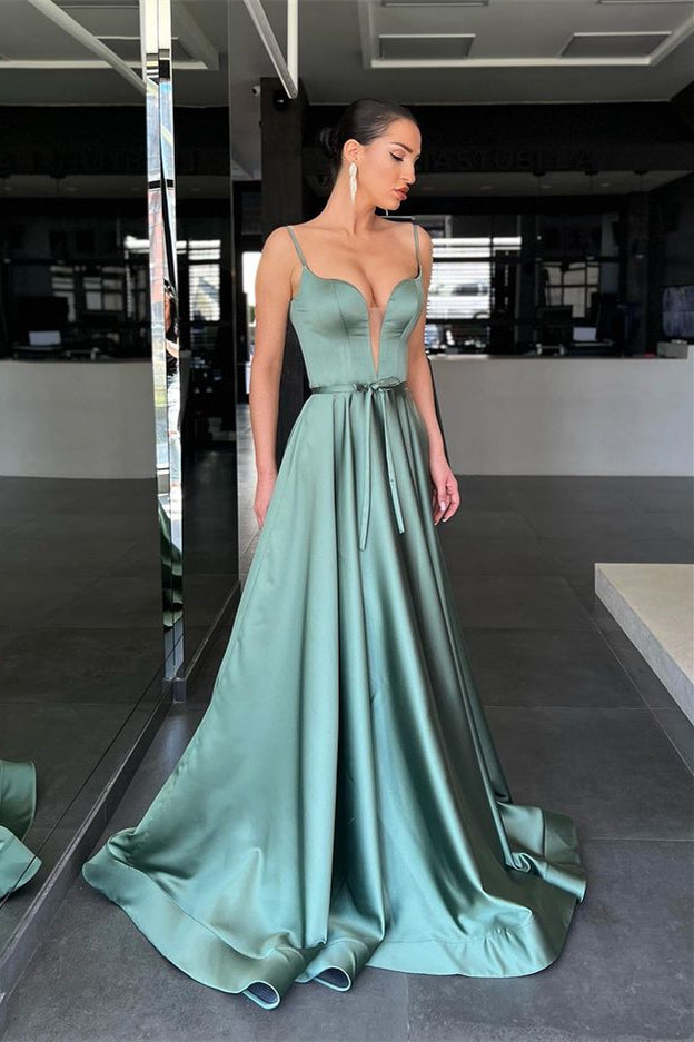 Sage Spaghetti-Straps Long Prom Dress A Line With Belt
