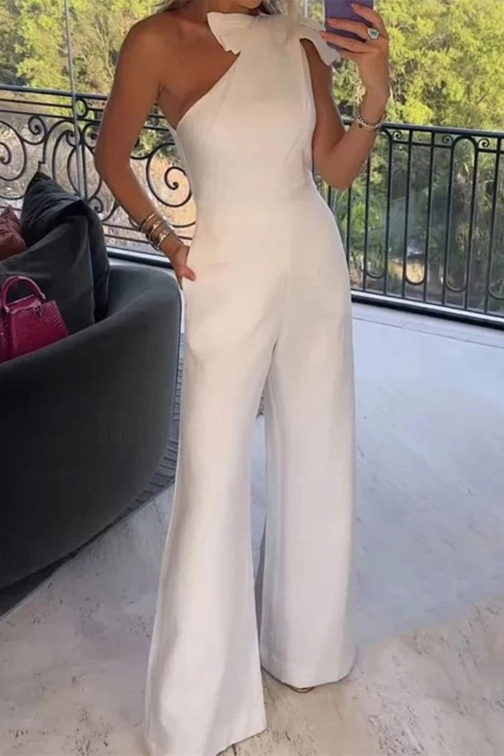 Koscy Seductive White One-Shoulder Long Summer Party Jump Suit