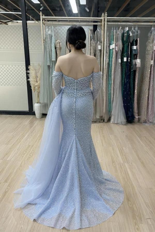 dusty blue mermaid dress Prom Off Shoulder Sweetheart Long Sheer Sleeves Allover Pearl Crystal Beaded Tulle ladies party kurti Structured Stretch Gorgeous Prettylittlething Corset Dress Color:WHITE/BLACK/DARK GREEN