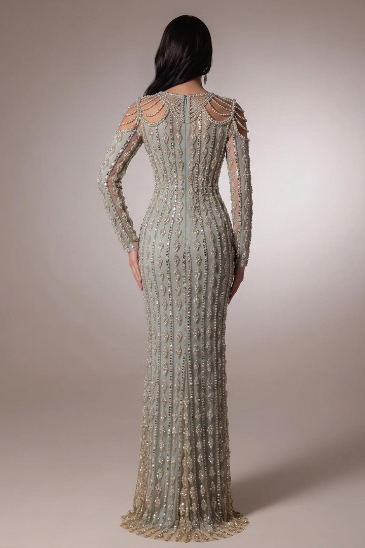 art deco homecoming dress Dusty Sage Sheath Prom Square Neck Draped Pearl Shoulder Chain Long Sheer Beaded Sleeves Allover 1920's art deco fashion