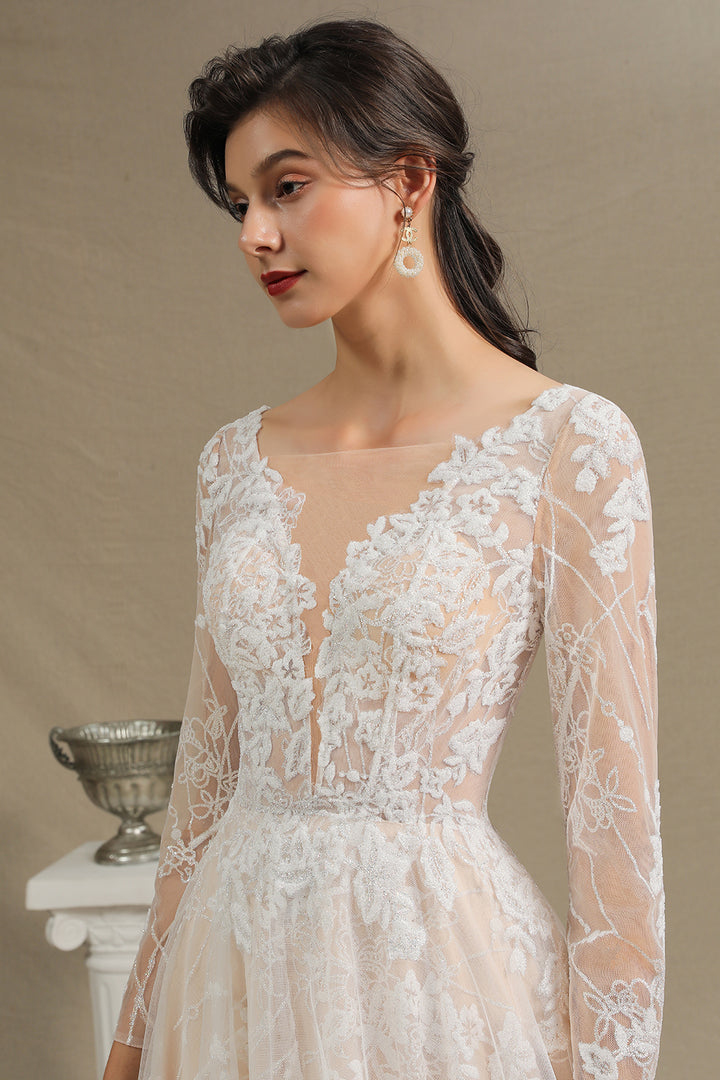 Bmbride Sheer Tulle Long Sleeve A-line Illusion Lace Wedding Dress - CPH230