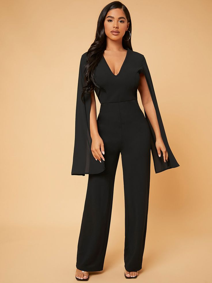 Koscy Elegant Black V-Neck Long Jump Suit With Cape Sleeves