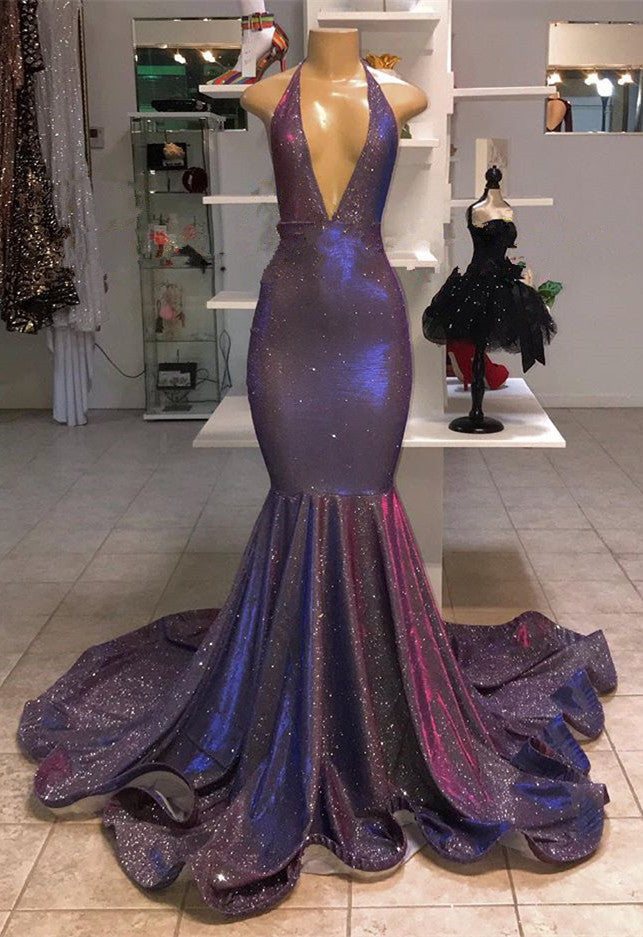 Sequin V-Neck Halter Mermaid Evening Dress