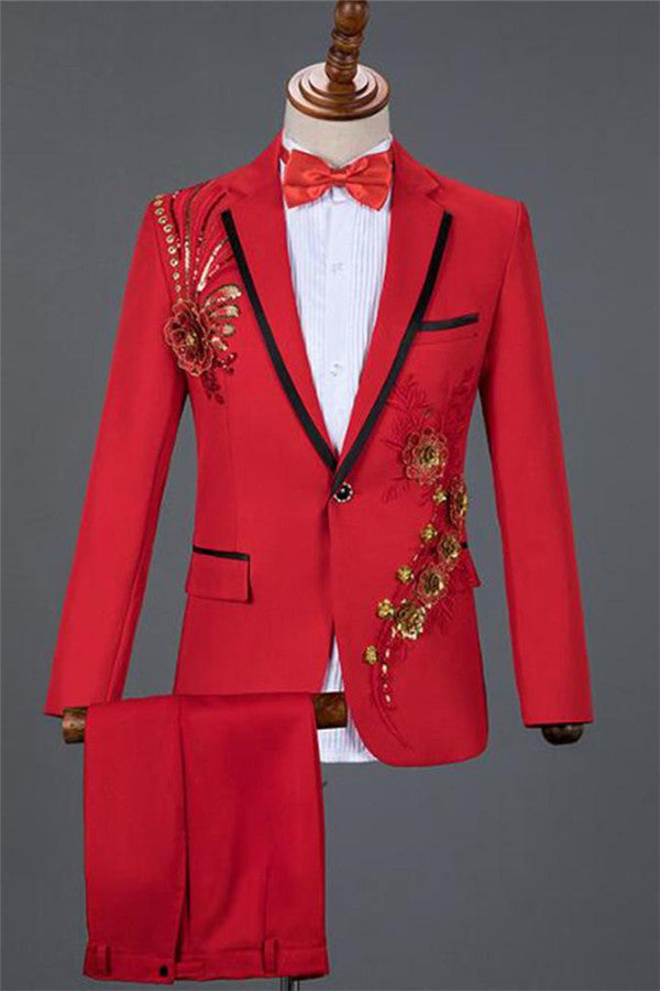 Koscy Red Sequin Embroidery Lace Floral Best Wedding Suit for Boy - Newest One Button