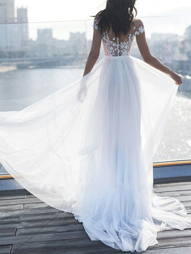 Bmbride A-Line Wedding Dress Off Shoulder Sweep Brush Train Lace Short Sleeve Beach Boho See-Through Illusion Detail