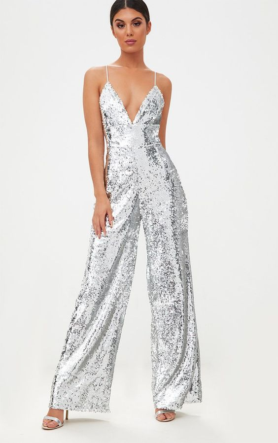 Koscy Chic Spaghetti Strap V-Neck Sleeveless White Sequins Long Jump Suit