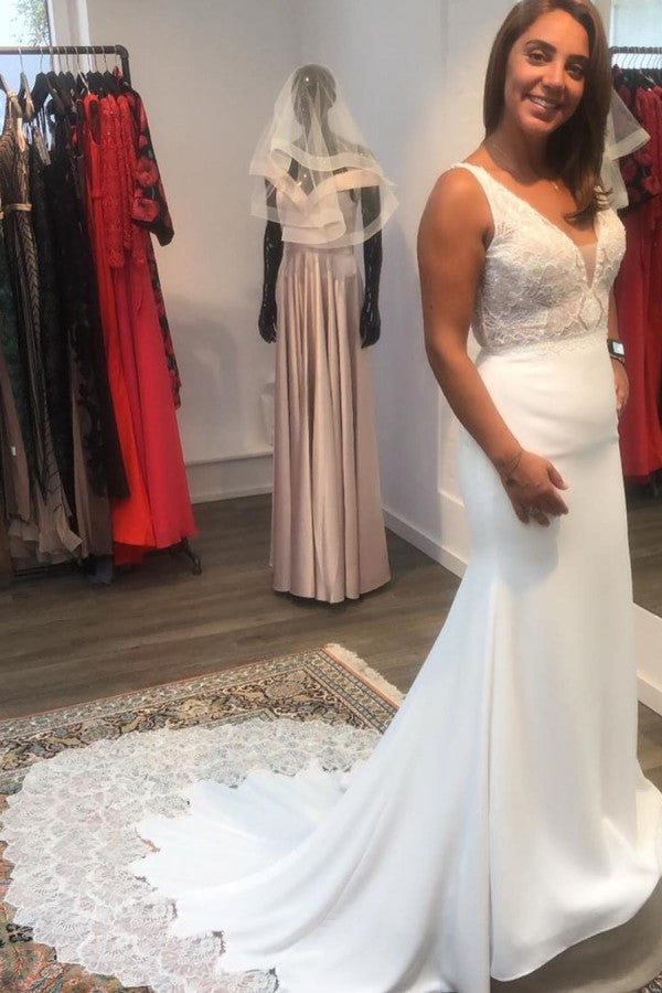Bmbride V-neck Open Back Spaghetti Straps Appliques Lace Floor-length Satin Mermaid Wedding Dress