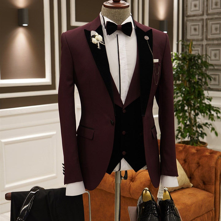 Koscy Stylish Burgundy Peaked Lapel Evening Suit with Three Pieces