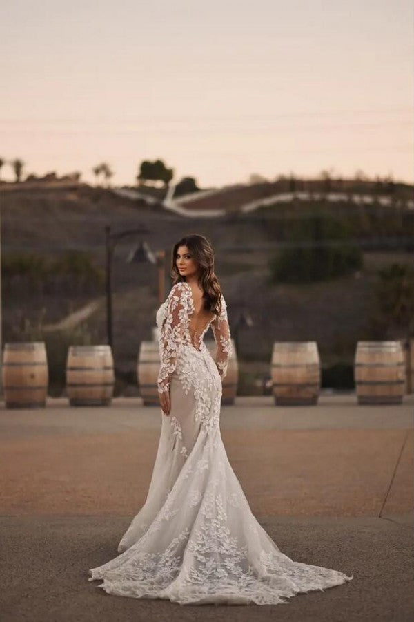 Bmbride Long Mermaid Sweetheart Tulle Lace Wedding Dresses with Sleeves
