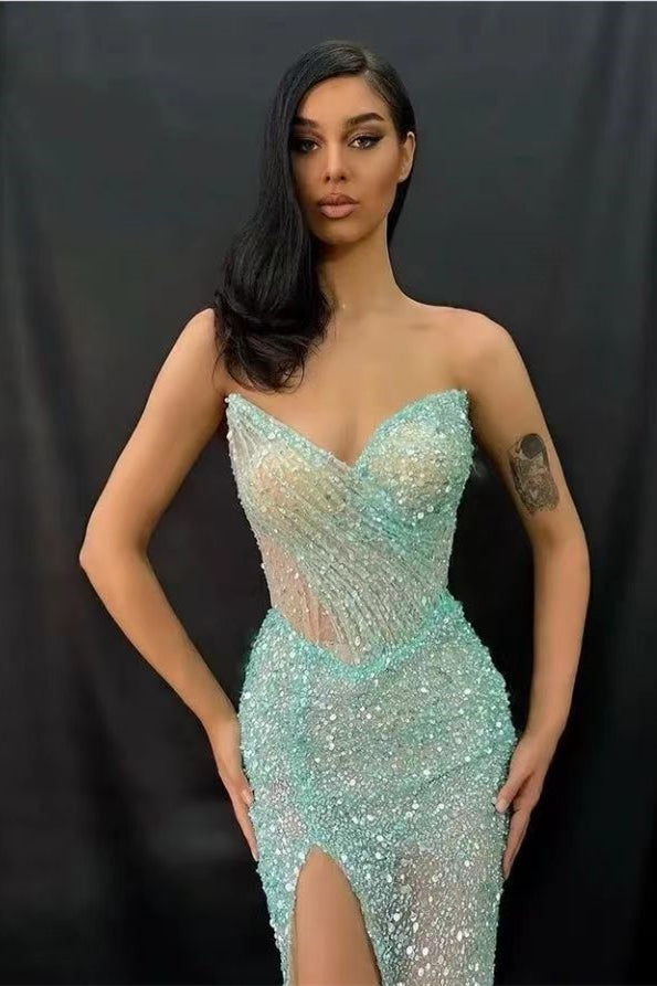 Strapless Sweetheart Split Prom Dress in Light Green Mermaid Style with Sequins