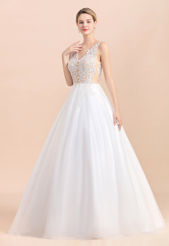 Bmbride Boho Wedding Dress with A-line Straps Tulle Appliques and V-Neck Lace