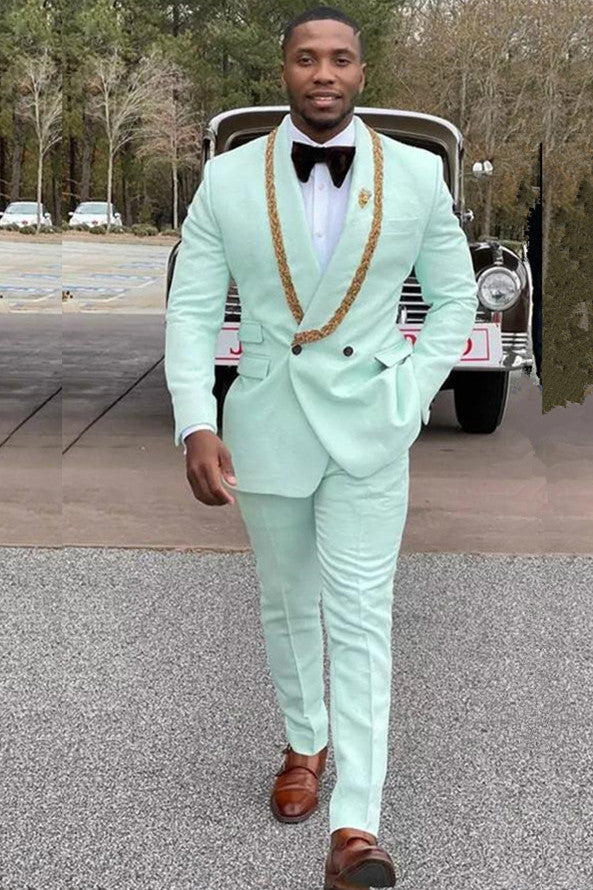 Koscy Conor Mint Green Shawl Lapel Double-Breasted Wedding Suit with Appliques