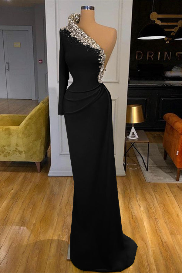 Green One-Shoulder Mermaid Prom Dress With Beadings Long Sleeves