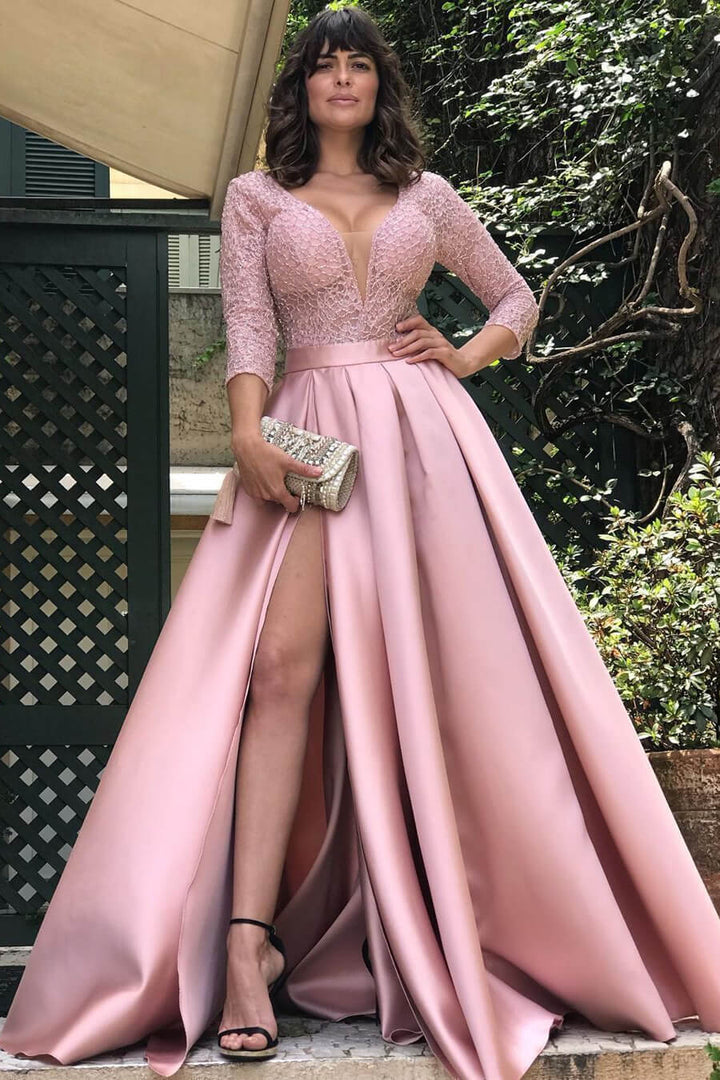 Satin Long Prom Dress With Lace Split