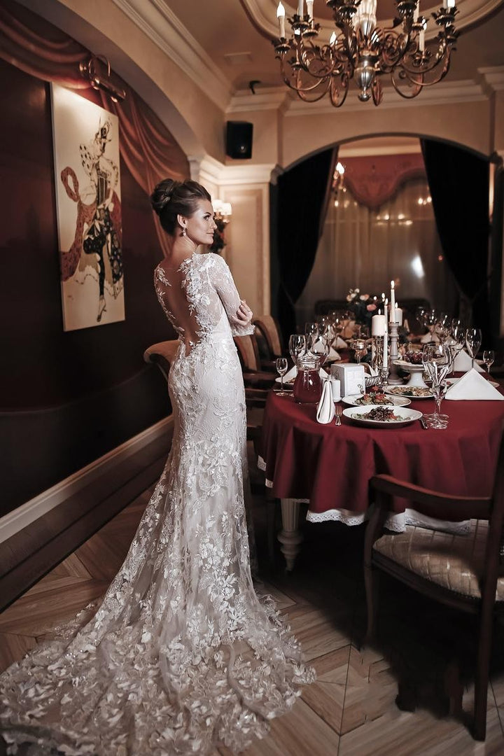Bmbride Long Sleeve High Neck Appliques Lace Backless Mermaid Wedding Dress