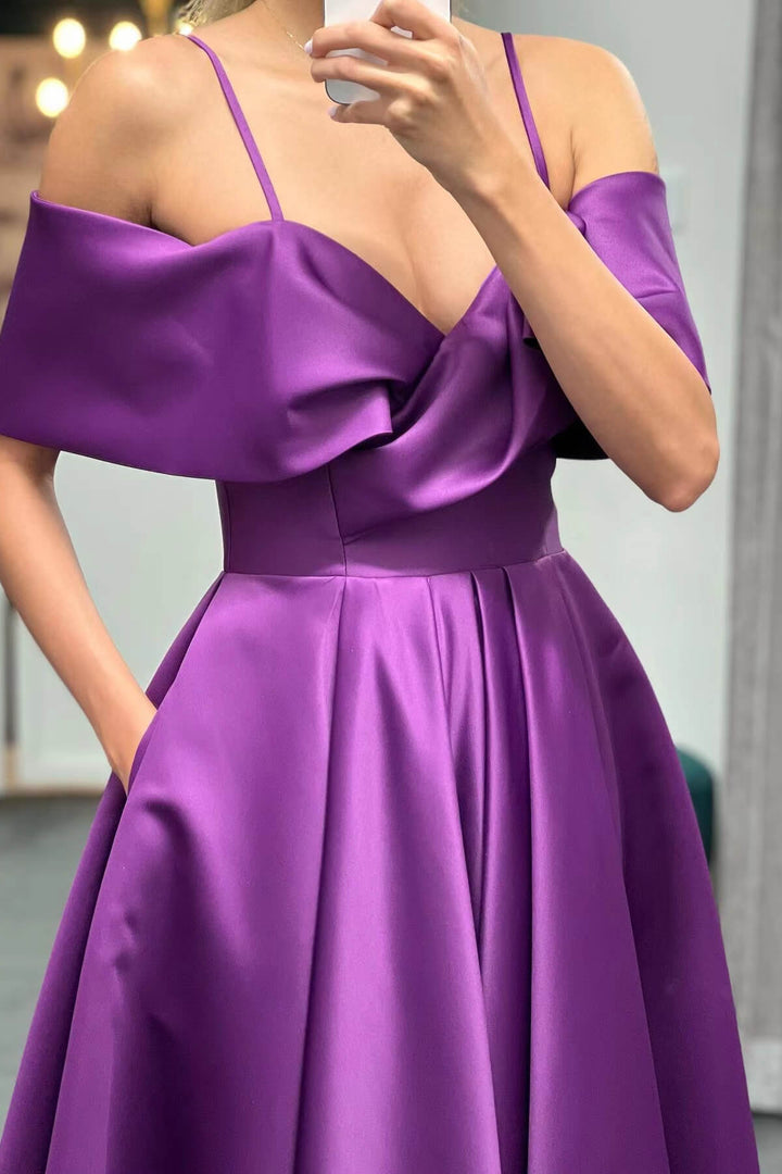 Purple Off-The-Shoulder A-Line Elegant Prom Dress With Pockets