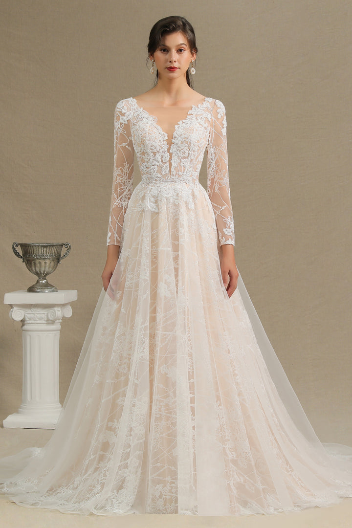 Bmbride Sheer Tulle Long Sleeve A-line Illusion Lace Wedding Dress - CPH230