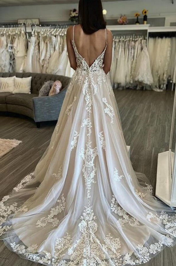 Bmbride Elegant Long A-line V-neck Tulle Lace Backless Bridal Gowns