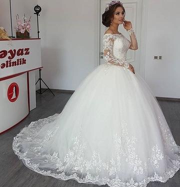 Bmbride Princess Wedding Dress with Off the Shoulder Appliques Lace and Beautiful Long Sleeves