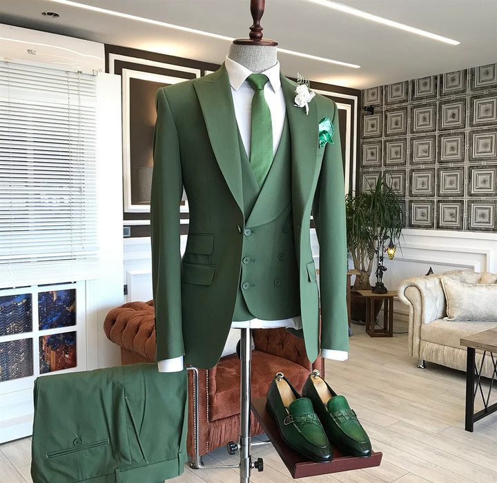Koscy Classic Green Three-Piece Casual Suit with Peaked Lapel