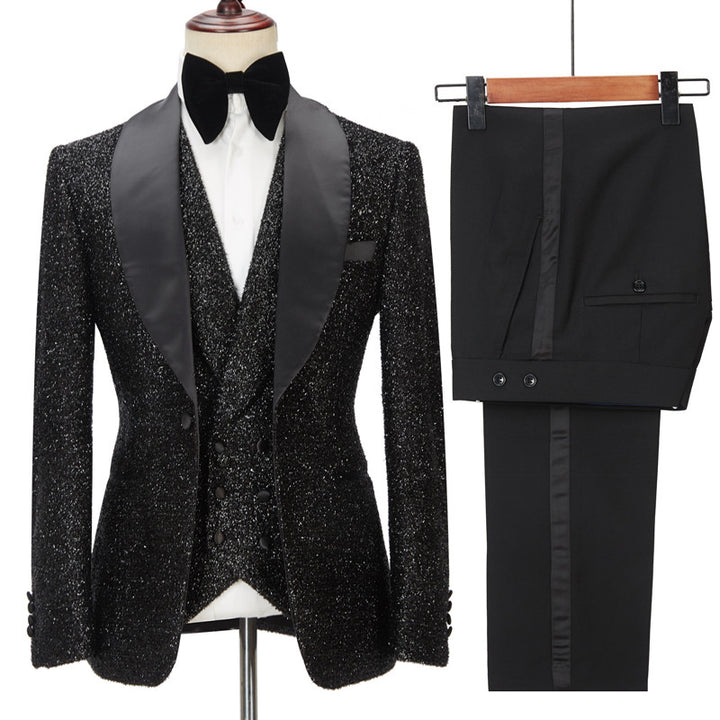 Koscy Popular Black Three-Piece Groomsmen Tuxedo with Sparkly Shawl Lapel