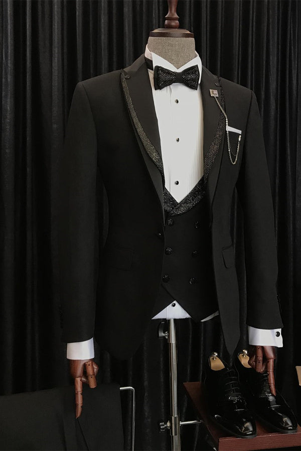Koscy Benjamin Black Wedding Suit with Sparkling Peaked Lapel