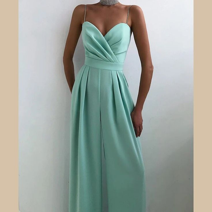 Koscy Chic Spaghetti Strap Sleeveless Mint Green Pleated Jump Suit