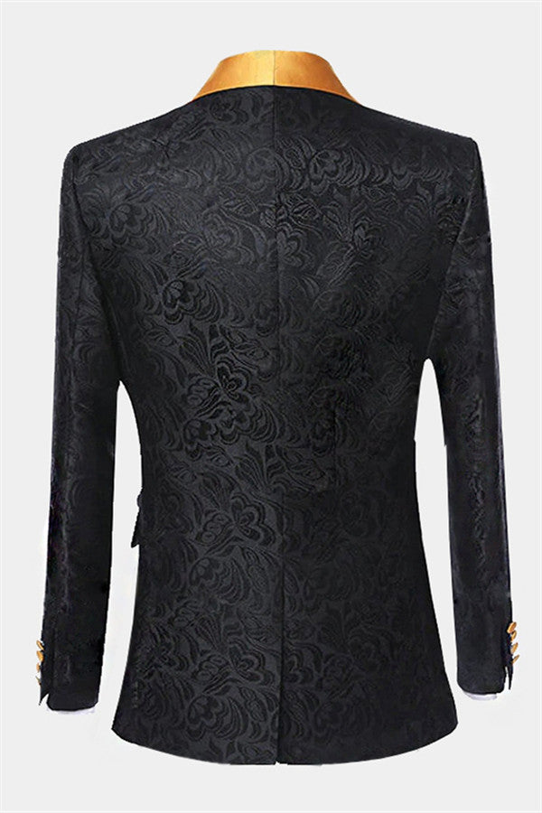 Koscy Gold Three Piece Shawl Lapel Black Jacquard Suit for Men's Wedding